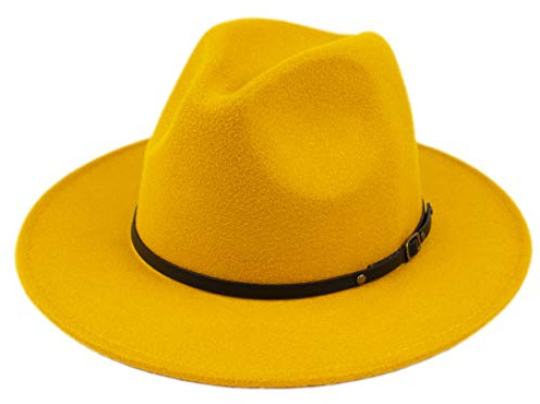 Lanzom Klassischer Panamahut für Damen, breite Krempe, Gürtelschnalle, Wolle, Fedora-Hut, gelb, Einheitsgröße
