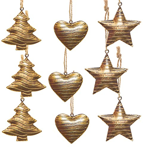 9 Weihnachtsanhänger aus Metall, Gold Bronze, Stern Herz Baum 5 cm, Vintage Baumanhänger Baumschmuck Weihnachten Deko, Logbuch-Verlag