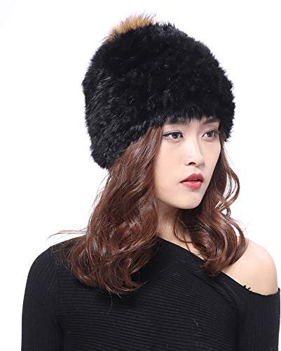 Damen Baskenmütze echte Fuchs Fell Strickmütze schöne Winter Mütze Beanie Bommelmütze - schwarz