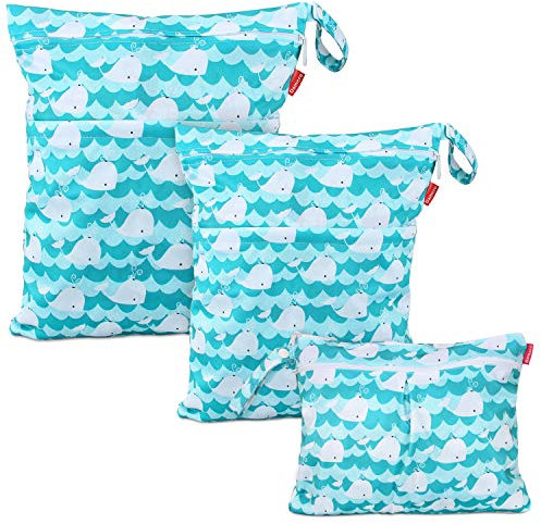 Damero 3 Stück windeltasche wetbag wiederverwendbar, Nasstaschen für Unterwegs, Wetbag windelbeutel für Babys Windeln, schmutzige Kleidung und anderes Zubehör (Blau Wal)