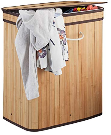 Relaxdays Panier à Linge Couvercle 2 Compartiments Corbeille Bambou Coffre à Linge 72 litres, Nature