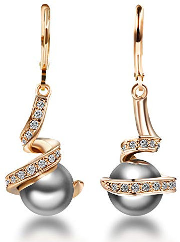 Mimei Boucles d'oreilles Perle Grise, 18k Or plaqué Et Cristal, Boucles d'oreilles Pendantes Femmes Maman, Cadeau Noël Anniversaire Mariage