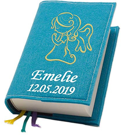Evangelische Gesangbuchhülle Gesangbuch Engel Tattoo gold Filz mit Namen bestickt mittlere Ausgabe, Farbe:türkis