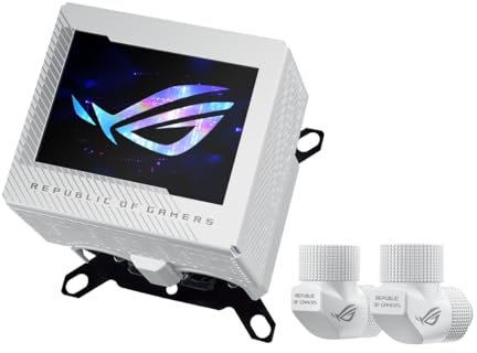 ASUS ROG Ryujin III WB White LCD CPU-Wasserblock (Asetek-Wasserblock mit 178 Mikrokühllamellen und Kühlplatte aus Kupferlegierung, 3,5-Zoll-LCD-Bildschirm, integrierter VRM-Lüfter, ROG Fittings, weiß)