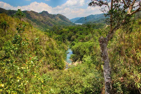 adrium Immagine poster 80 x 50 cm: La vista di fiume e cascata Elnicho e alberi e montagne a Cuba nel Parco Nazionale della giungla. Si trova a Zapata (119582496)