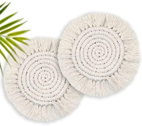 7.4in Boho Coasters for Drinks, Handmade Woven Absorbent Coasters for Desk, Farmhouse Cute Coaster for Mugs Cups - Gifts for Women, Beige