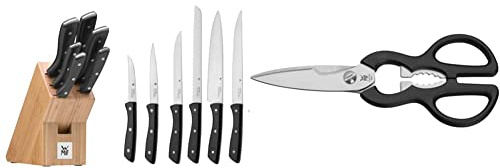 WMF Messerblock mit Messerset 7-teilig, Küchenmesser Set mit Messerhalter, 6 scharfe Messer, Bambus-Block, Spezialklingenstahl & Küchenschere 21 cm, Haushaltsschere mit Sägeschliff, Edelstahl