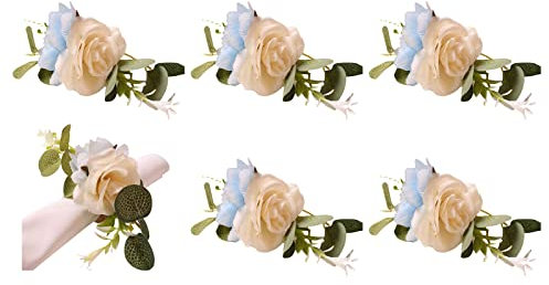 LEMCC 6 x Rosen-Serviettenringe Set mit 6 künstlichen Blumen-Serviettenringen mit Eukalyptus, Handwerk, rustikale Blumen-Serviettenhalter für Hochzeit, Bankett, Geburtstag, Party