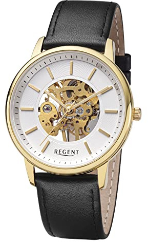 REGENT Herrenuhr mit Lederband Edelstahl Mechanischer Handaufzug Skelett Zifferblatt F-1399