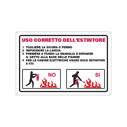 NEW CARTELLO SEGNALETICO - Istruzioni per l'uso corretto dell'estintore - Adesivo Extra Resistente, Pannello in Forex, Pannello In Alluminio (PANNELLO IN ALLUMINIO 20X31 CM)