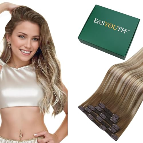 Easyouth Echthaar Clip in Extensions Balayage Braun Haar Extensions Echthaar Clips Mittelbraun Ombre Platin Blond und Mittelbraun Clip in Haarverlängerungen Echthaar Remy 45 cm 70g 5Pcs #6/60/6