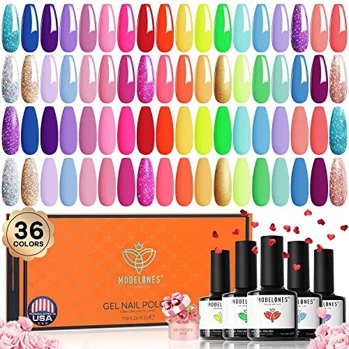 modelones UV Nagellack Set 40 PCS, 36 Farben Neon Pink Rot Glitzer Rosa Grün Blau Gelb Gel Lack, Nail Polish,Gellack für Nagelstudio Design Base& Matt& Glitter& Top Coat Nail Art Maniküre