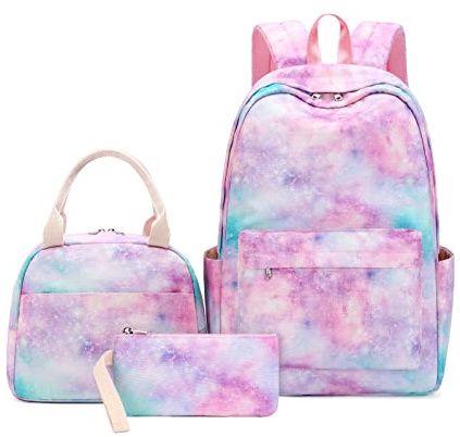NICOLE & DORIS Sac à Dos Scolaires Fille Cartable pour Fille Adolescent Sac D'école Primaire Sacs Scolaires Galaxy Sac à Dos Set de 3 Pieces Sac Ecole avec Trousse et Sac Isotherme Violet