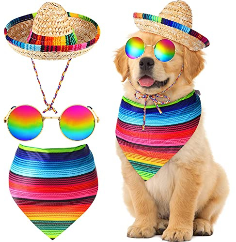 Ramede 3 Pcs Sombrero Hat Pet Mexican Serape Poncho Costume Include Cinco De Mayo Mexican Dog Bandana Fiesta Triangle Bib Summer Round Sunglasses for Small Large Dog Birthday Gift Party Decor Puppy