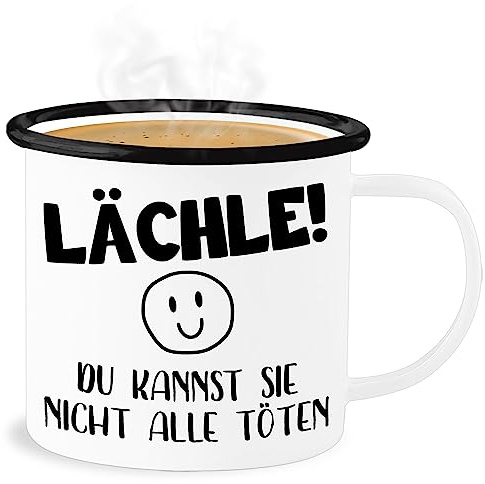 Emaille Becher Blechbecher - Statement Sprüche - Lächle du kannst sie nicht alle töten Emoticon schwarz - 300 ml - Weiß Schwarz - tassen mit sprüchen sarkasmus schlechte laune tasse