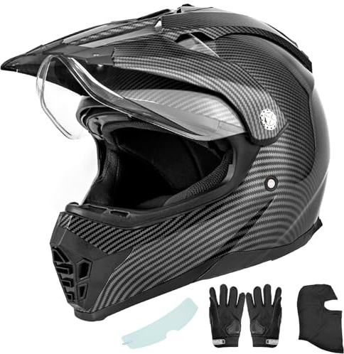 OUMURS Off Road Motorcycle Dual Sport Helmet Full Face Helmet Dual Visor Dirt Bike ATV Motocross Helmet with Mask & Gloves for Unisex-Adult-Carbon Fiber Black, XXL