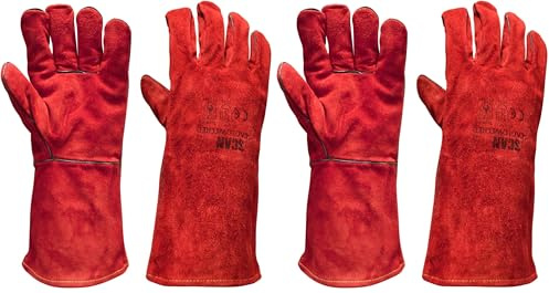Scan SCAGLOWELRED Welders Gauntlets, Red, 35cm (14in) Cowsplit leather with Kevlar Stitching, Heat Resistant (Pack of 2)