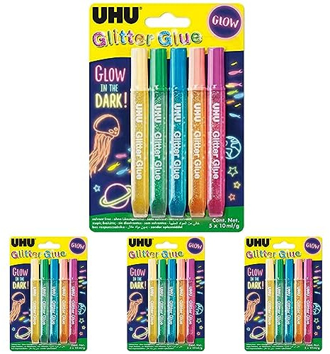 UHU Glitter Glue Glow in the Dark, Klebstoff mit Glitzerpartikel und Glow in the Dark Effekt (leuchtet im Dunkeln), 5 x 10 ml (Packung mit 4)