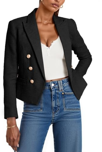 Cicy Bell Women Cropped Tweed Blazer Jackets Lapel Open Front Long Sleeve Business Suit Jackets with Pocket Black