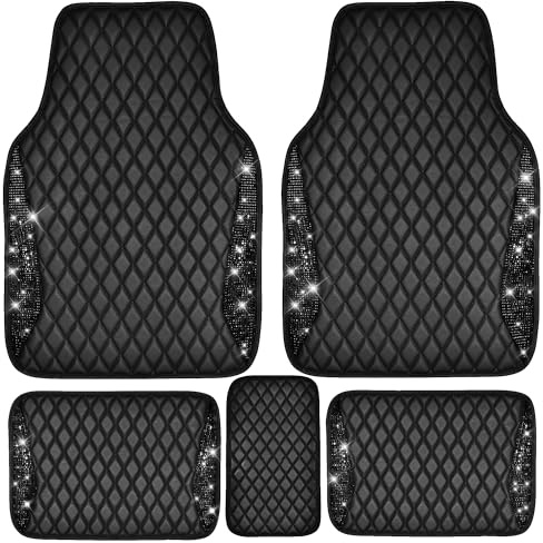 CAR PASS Bling Leather Car Mats Shining Diamond Floor Mats Sparkly Glitter Crystal Rhinestones Carpet Anti-Slip Waterproof Pad Universal Fit for Automotive SUV, Sedan, Van, 5pcs for Girl Women Black