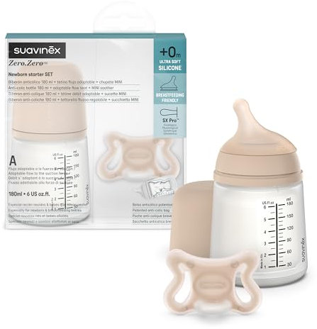 Suavinex, Biberon Anti-Coliche + Ciuccio Zero Zero. Biberon da 180 ml con tettarella a flusso adattabile (A) e ciuccio per neonati taglia -2/2 mesi. Adatto ai bambini prematuri, Light