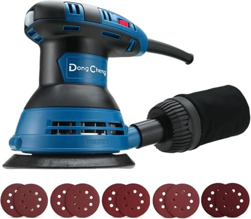 Dong Cheng Orbital Sander, 300W, 12000 RPM, 125MM with 10Pcs Sandpapers & Dust Bag, 6 Variable Speeds, Electric Palm Sander for Woodworking, Sanding & Polishing