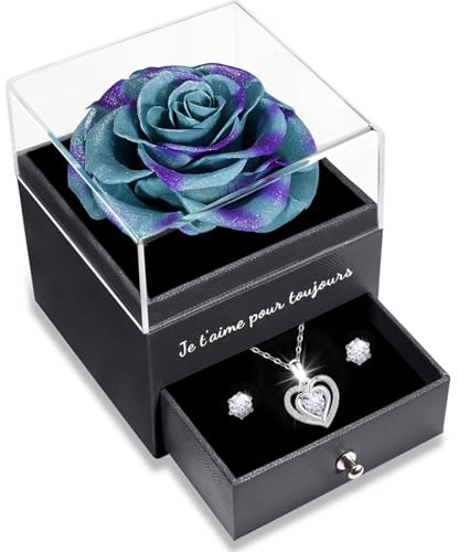 Yamonic Handgefertigte Konservierte Rosen Schmuck-Geschenk, Geburtstagsgeschenk für Frauen,Jahrestag Geschenk für sie,Echte Rose mit Halskette,Liebe Dich für Immer Ewige Blume,Französisch
