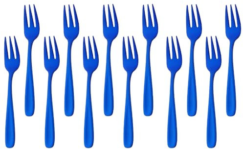 SBOMHS 12 tenedores de postre, tenedores para tartas, de acero inoxidable, tenedores de frutas, tenedores pequeños para bodas, tartas, té, 13,6 cm, longitud (azul)