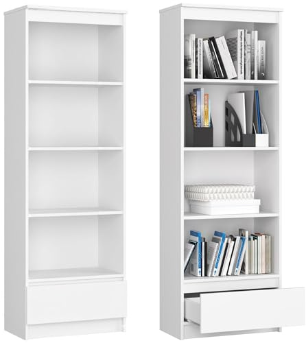 Home Collective Schrank Büroregal Bücherregal Regal weiß 60cm breit 180cm hoch, mit Schublade unten