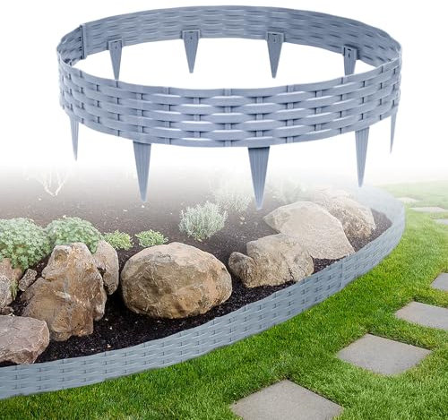 ACXIN 10m Rasenkante Beeteinfassung Gartenpalisade in Rattan-Optik mit 10 Elemente á 100 cm Beetumrandung Gartenpalisade Rund Kunststoff Palisaden UV-beständig (10 Stück, Grau)