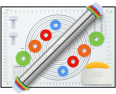 Unokit Nudelholz 3-teiliges Set, 44,5cm Teigroller mit Verstellbaren Dickenringen, Teigroller aus Edelstahl, Teigrolle zum Backen von Pizza, Pasta, Brot - Backzubehör