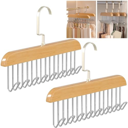 2 Portacinture in Legno Gruccia 28x18x3 cm, 16 Ganci per Cravatte, Sciarpe e Scarpe