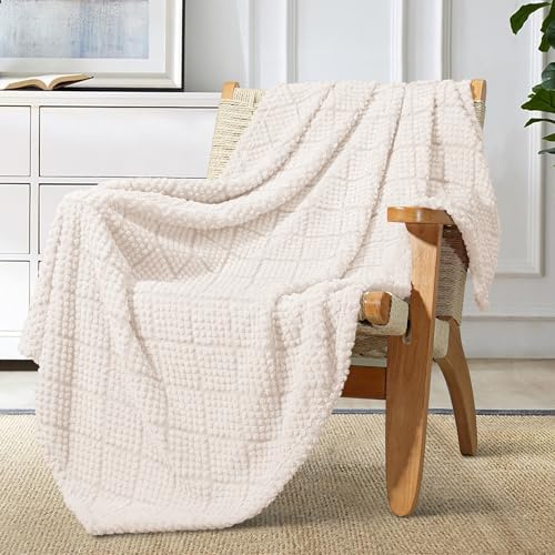 Whale Flotilla Fuzzy Fleece Throw Blanket for Sofa, Couch, Bed, 130x150 CM Soft Fluffy Jacquard Waffle Blankets for All Season, Lightweight and Warm, Ivory