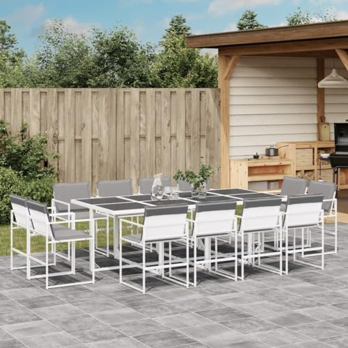 Homgoday 13-TLG. Garten-Essgruppe mit Kissen Gartenmöbel Set Sitzgruppe Gartentisch mit Stühle Essgruppe Gartengarnitur Tisch Stühle Terrassenmöbel Balkonmöbel Weiß Textilene