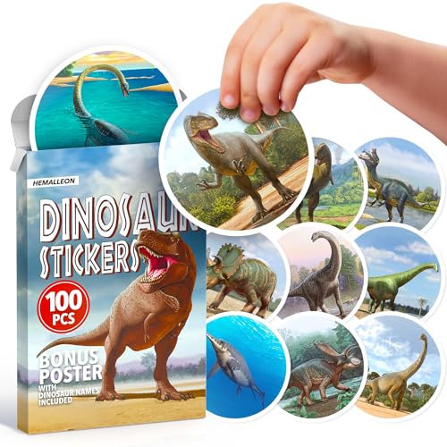 Realistic Dinosaur Stickers for Kids - 100 pcs Pack with Dino Names Poster - Large Waterproof Vinyl Stickers for Water Bottle Laptop Luggage Classroom Teacher Rewards - Party Favors Birthday Gift