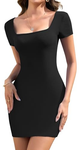SHAPERIIN Abito a Maniche Corte Donna Vestito Corto Estivo Collo Quadrato Abito Portafoglio Elegante Mini Bodycon Dress Nero S