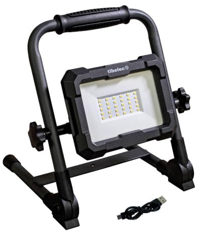 TIBELEC, 60200220, Projecteur LED chantier 30W 2700LM rechargeable et Pliable, étanche IP54, résistant IK07, idéal pour éclairage extérieur et intérieur, taille : 30W, couleur : noir