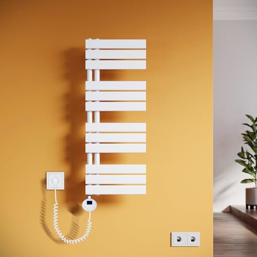 SUNXURY Scaldasalviette elettrico da bagno, 1038 x 400 mm, con termostato, scaldasalviette dritto, con barra riscaldante, bianco, 600 W