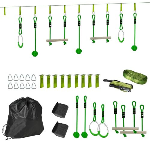 AIYAPLAY Seilrutsche Kinder 10 m Seilbahn Set für Kinder Outdoor Slackline mit 2 Turnringe, 2 Kletterstangen und 3 Spinnerräder, Backyard Zip Line Kit für Hinterhof Garten