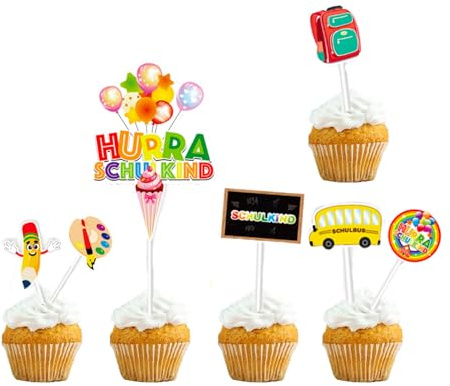 23 Stück Schulanfang Tortendeko, Torten Deko, Einschulung Deko, Cupcake Topper, Schulkind Kuchen Deko Set, Schultasche, Malpalette und Mehr, Dekoration für Schulanfang und Geburtstagsfeiern (23)