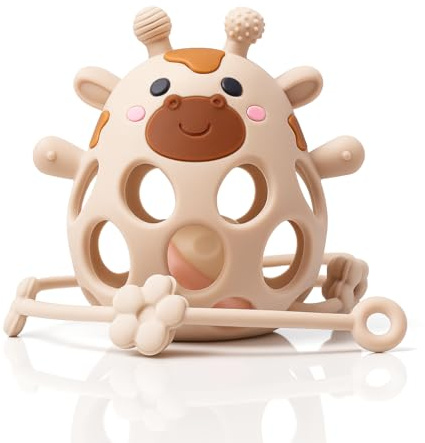 MÜVI - Mordedor bebé sensorial con sonajero y cadena, Mordedor de dentición +3 meses, Silicona alimentaria, suave y sin BPA, Fácil de agarrar y morder, Alivio para encías - Teether (Beige)