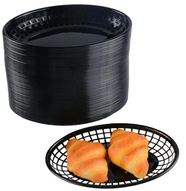 Kunststoffkörbe, oval, für Hot-Dog-Ausflüge, Hamburger, Sandwiches, Party, Picknick, Brotkörbe, Filmabend, Snack-Tablett, 23 x 14,5 x 4 cm, Schwarz, 60 Stück