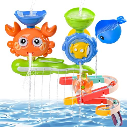 FeinKulturia Badewannenspielzeug Baby, Badespielzeug Wasserspielzeug Kinder Set ab 3 Jahre mit DIY-Doppelschienenspiel, Saugnäpfe, Kapseln und Bälle, Geschenk für Mädchen Jungen