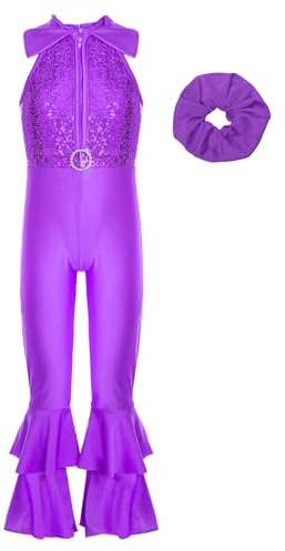Moggemol Costume De Danse Pour Petites Filles Combinaison Disco Pailletée Années 70 80 Pantalon Large Avec Élastique À Cheveux Tenue De Spectacle Et Performance Pour