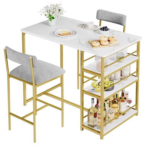 Garvee Mesa de Bar con 2 Sillas Acolchadas, Mesa de Cocina, Juego de 3 Piezas de Barra de Altura de Mostrador con 3 Estantes de Almacenamiento para, Apartamento, Mesa: 91.4 * 50 * 91.4 cm (Dorado)