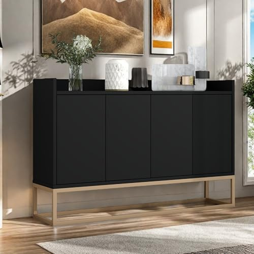 Skänk med metallben, vardagsrumsskåp med 4-dörrars handtagslös, förvaringsskåp, buffé, köksbänk, bufféskåp för skänken för vardagsrum och matsal kök, 120 x 30 x 80 cm (svart)