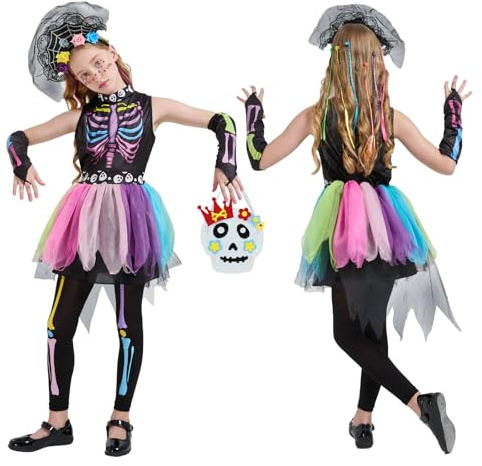 HERMORRYSS Costume Scheletro Bambina, Costume Teschio Colorato per Ragazze, Costume Halloween Scheletro Ragazze con Tutù, Calze con Teschi, Capelli Colorati, per Halloween Dress Up Parties (S)