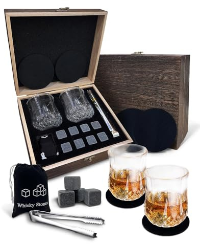 Whiskey Gift Sets for Men – 2 Premium Crystal Whiskey Glasses with 8 Reusable Whiskey Stones, Tongs, and Coasters in Wooden Box, Perfect Christmas or Birthday Present for Dad Husband Boyfriend