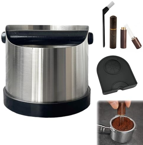 Coffee Knock Box Stainless Steel, 700ml Coffee Grounds Knock Box with Tamping Mat/Espresso Distribution Tool/Coffee Brush, Small Espresso Knock Box with Non-Slip Base, 4Pcs Coffee Machine Accessories