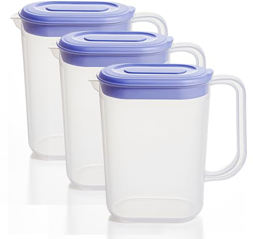 1.5L Plastic Water Jug with Lid Set of 3 Leak Proof Fridge Door Pitcher Container Handle Pour Spout Kitchen Storage Beverage Milk Juice BBQ Party